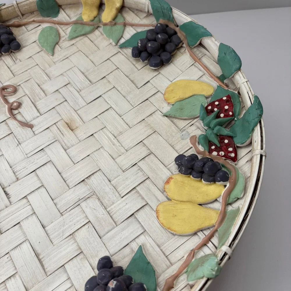 Oval Woven Tray Decorative Fruit Grapes Strawberries Pears‎ Serving Platter VTG